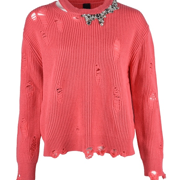 Pinko distressed ribbed knit sweater with a crystal-embellished collar - Picture 3 of 16